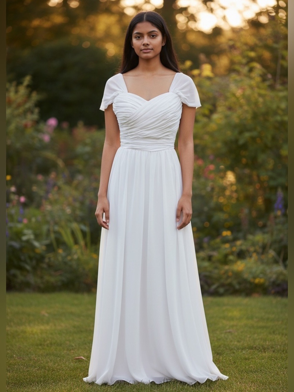 NWOT WHITE CHIFFON MAXI PROM DRESS SWEETHEART NECKLINE SATIN LINING JRs SZ 1